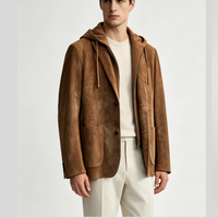 Blazer vintage en daim de mouton véritable avec empiècements, à capuche pour homme avec capuche en cachemire amovible, pour les acheteurs en gros internationaux