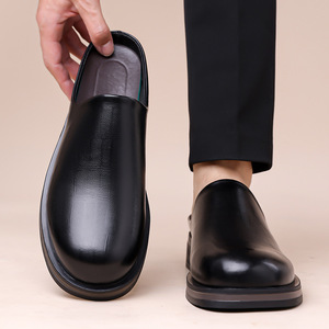 Zuecos de Cuero Genuino para Hombre, Punta Redonda, Suela de PU, Entresuela de EVA, Cómodos, a la Moda, para Todas las Temporadas, Color Sólido, Zapatos Sin Cordones - Product Image 3