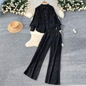 New Hollow Crochet Lace Splicing Long-sleeved Shirt High-waisted Wide-legged <b>Pants</b> Women's Casual 2-piece Set Fashion - Product Image 2