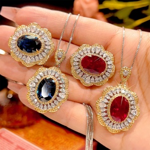 Wholesale Eco-friendly Copper Gold Plated Jewelry <b>Set</b> for <b>Women</b> 10*14mm Blue Cubic Zirconia Vintage Pendant <b>Ring</b> Matching <b>Set</b> - Product Image 3