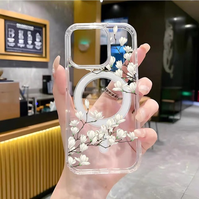 Popular White magnolia Branches Mobile Phone Case for iphone 16 Plus 17 Air Pro Max Transparent Magnetic Shell Coque Back Cover