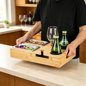 Plateau porte-gobelets en bambou pour canapé avec boîtes à collation en acier inoxydable, organisateur de rangement pour verres à vin et télécommandes, idéal pour les soirées cinéma à domicile - Product Image 2