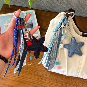 Porte-clés et breloque de sac vintage en denim, style Miu, avec pentagramme en forme de cœur, accessoire pour <span class=keywords><strong>cartable</strong></span>, vente en gros transfrontalière - Product Image 2
