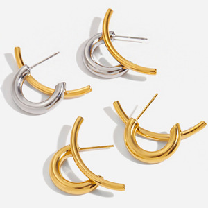 Boucles d'oreilles créoles géométriques en acier inoxydable plaqué or 18 carats, bicolores, unisexe, pour tous les jours - Product Image 1