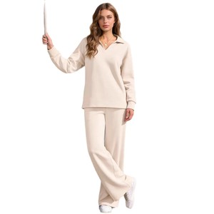 Lässiger Strickanzug 2026 Frühling Herbst Mode Freizeit Sportanzug 2-teilig Langarm V-Ausschnitt Sweatshirt Weites Bein Locker Einfarbig - Product Image 5