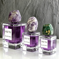 Flacon de parfum vide de 50 ml avec couvercle en pierre de cristal naturelle fantaisie, base carrée épaisse, avec boîte