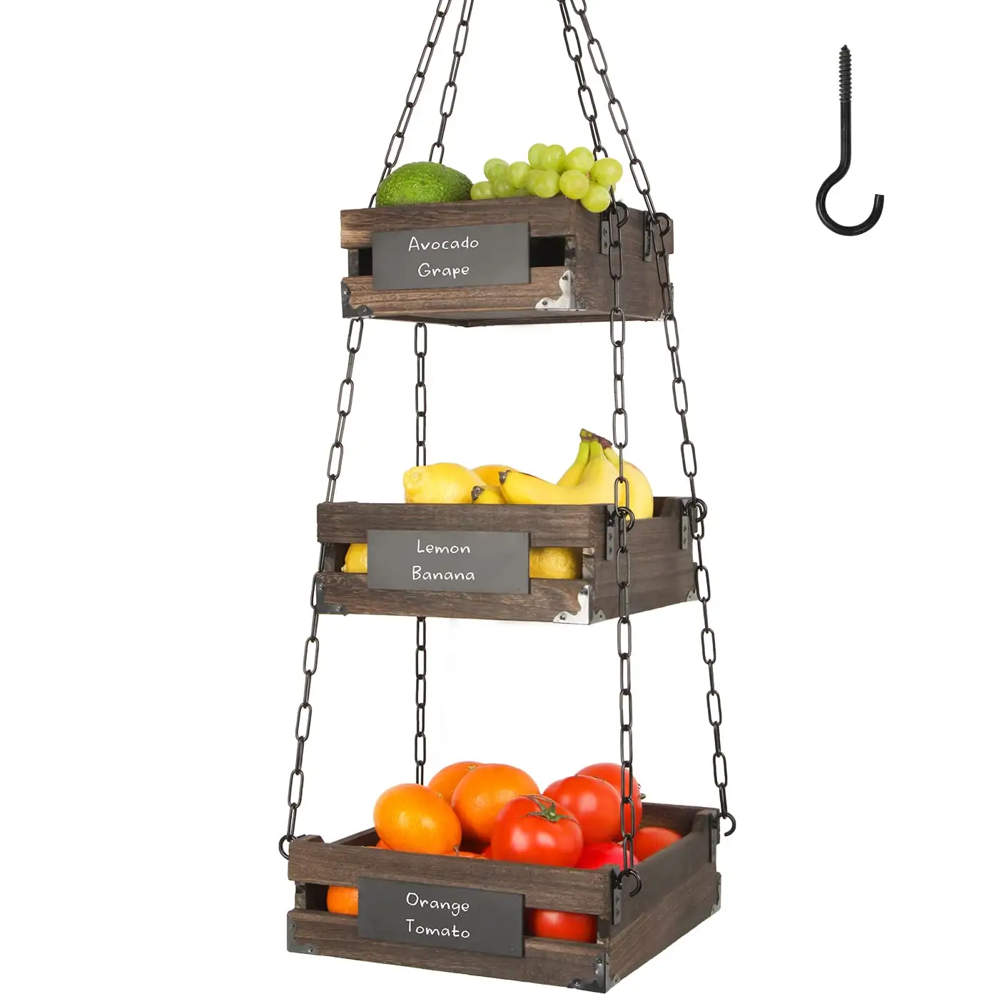 Cesto di frutta da appendere in legno rustico a 3 livelli da cucina, cestini portaoggetti da appendere in legno da parete per frutta e verdura