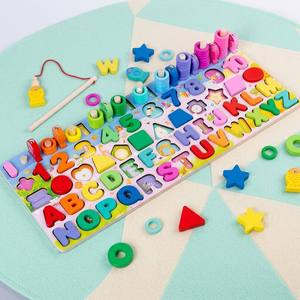 Gioco Educativo <span class=keywords><strong>Montessori</strong></span> in <span class=keywords><strong>Legno</strong></span>: Tavola delle Attività con Puzzle di Alfabeto, Numeri e Forme, Anelli per Contare e Pesca per Bambini - Product Image 4