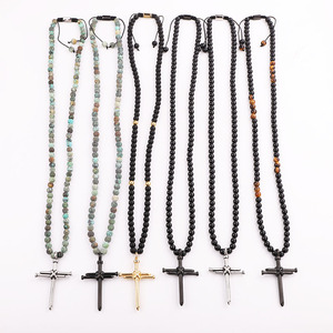 <span class=keywords><strong>Collana</strong></span> <span class=keywords><strong>Rosario</strong></span> con Croce Regolabile, Lunga <span class=keywords><strong>Collana</strong></span> di Gesù con Perline, Alta Qualità in Onice Opaco e Occhio di Tigre, Collane da <span class=keywords><strong>Uomo</strong></span> in Acciaio Inossidabile - Product Image 1
