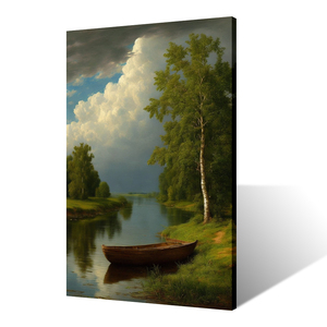 NGHỆ THUẬT Airbrush cảnh quan rừng chuyên nghiệp hiện đại trên vải có cây bạch dương ven sông và Cảnh thuyền yên bình - Product Image 2