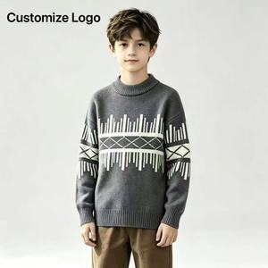 <span class=keywords><strong>Pull</strong></span> en laine personnalisé avec logo, motif jacquard géométrique, col roulé mi-haut, manches longues, tricoté, chaud pour l'hiver, usage quotidien, 6-14 ans - Product Image 1