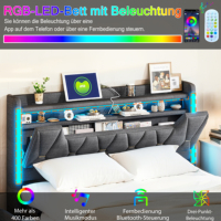Кровать с тканевой обивкой, RGB LED-подсветкой, управлением через приложение, портами для зарядки и выдвижными ящиками для хранения, каркас кровати