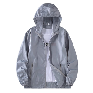 Blouson bomber gris clair à capuche et fermeture éclair, unisexe, décontracté, écologique, en polyester à séchage rapide, vêtement d'extérieur standard pour l'hiver, coupe classique - Product Image 1
