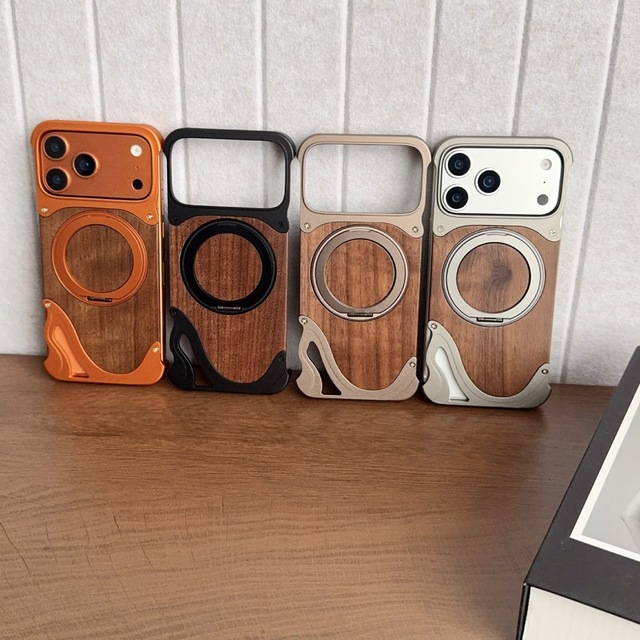 Fashion Dolphin Magnetic Metal Frameless Walnut Wood Phone Case for iPhone 17 Pro Max 16 15 Rotating Holder Kickstand Back Cover