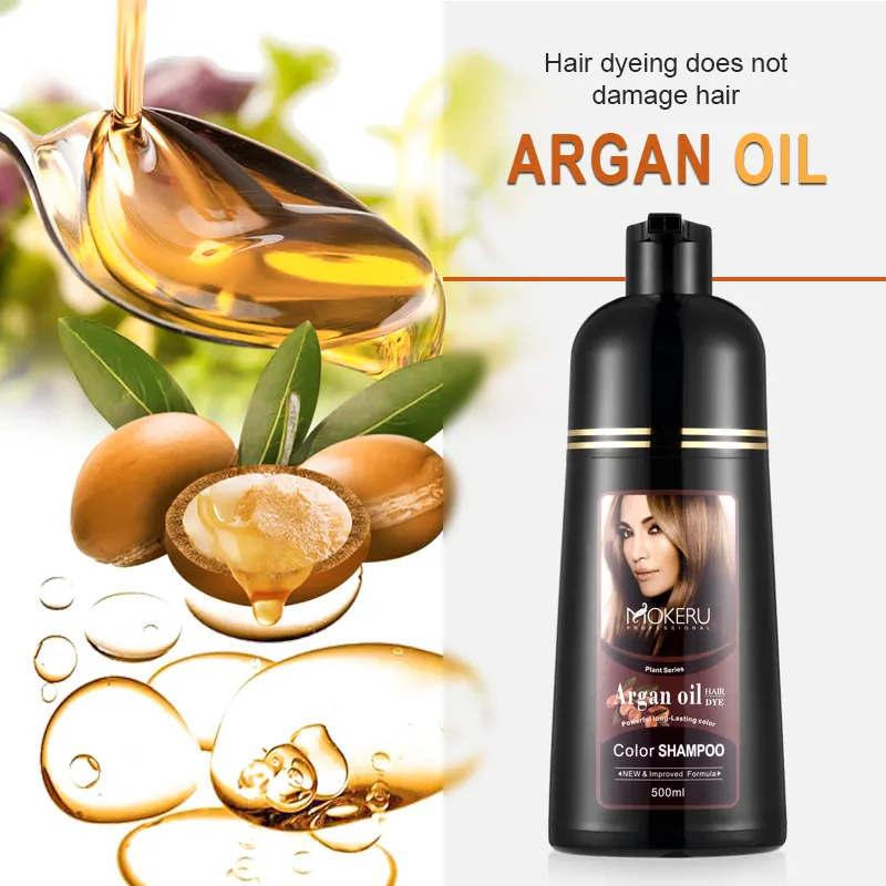 Oem personalizar atacado mokeru óleo de argan natural, extrato, planta permanente, cor de cabelo, shampoo para mulheres, cobertura de cabelo cinza