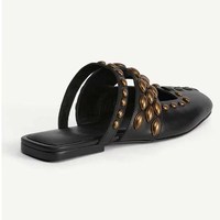 2025 femmes décontracté en cuir Mule chaussures avec rétro Rivet bout carré tissé sandales romaines Cool printemps et été pour pantoufles