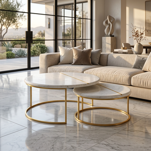 AK Brass <b>Round</b> Iron Metal Coffee <b>Table</b> Set of 2 <b>Gold</b> Finish with Marble Top for Living Room Cafe Hotel Furniture - Product Image 1