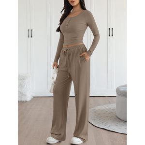 Women's 2 Piece Matching Lounge Set Full Sleeve Knitted Spandex Cotton Breathable Wide Leg Pants Top Daily Wear Outfit - Product Image 3