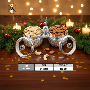 ชุดชามใส่ผลไม้อบแห้งเงินแท้ 925 พร้อมภาชนะสองใบ งานฝีมือแบบดั้งเดิมของอินเดีย สำหรับตกแต่งบ้าน - Product Image 1