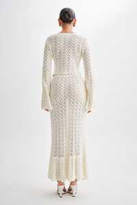 Personnalisé Sexy Élégant <span class=keywords><strong>Beige</strong></span> Col V Dentelle Tricot Squelette Haut à Manches Évasées Avec Longue Jupe En Queue De Poisson Ensemble Deux Pièces pour Femmes - Product Image 3