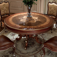 Ensemble de table et de chaises à manger en bois massif européen incrusté pour six personnes, adapté aux tables à manger circulaires dans les maisons, les hôtels ou les villas