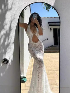 Tout nouveau produit élégant hors épaule couleur unie fête licou sans manches voir à travers évider Sexy robe femmes - Product Image 5