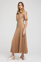 Bekleidungs hersteller Custom Spring Autumn Khaki Turn Down Neck Kurzarm Elegant Casual Women Plissee Leder kleid
