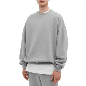 Zwaargewicht Katoenen Franse Badstof Blanco Grijze Drop-Schouder Cropped Oversized Sweatshirt Met Ronde Hals