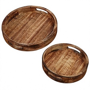 Round Wooden Storage Trays Handcrafted <b>Rustic</b> Serving Bowls Set of 2 for Living Room Tableware - Product Image 1