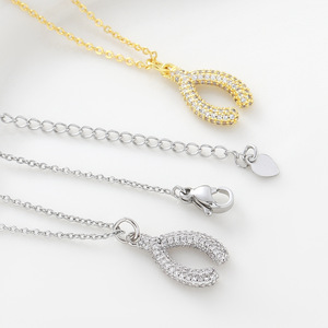Collier pendentif Wishbone plaqué cuivre et or véritable incrusté de zircon, best-seller, bijou Wishbone tendance en CZ - Product Image 2