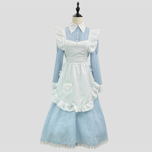 Maid Dress Blue A-Line Turn-Down Collar With Pocket Vintage Style Polyester Fabric - Product Image 1