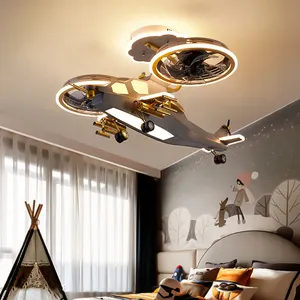 Decoratie Cartoon Helikopter Afstandsbediening 3 Kleuren Dimbare App Bediening Moderne Led Vliegtuig Plafondventilator Voor Kinderen Slaapkamer