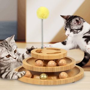 Pista de Bolas Giratoria para Gatos de Madera Natural para Interiores con Parte Superior de Rompecabezas, Torre de Bolas Interactiva de 3 Niveles para <span class=keywords><strong>el</strong></span> Enriquecimiento Mental del Gato - Product Image 1