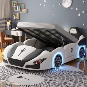 Lit enfant en forme de voiture de sport, structure en bois avec rangement, barrière de sécurité et design de porte escamotable, mobilier de chambre d'enfant à thème dessin animé - Product Image 3
