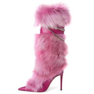 Custom Plush Women High Heels Fur <b>Long</b> Booties Metal Chain on Fluffy Knee High Boots Winter Furry Snow Shoes - Product Image 1