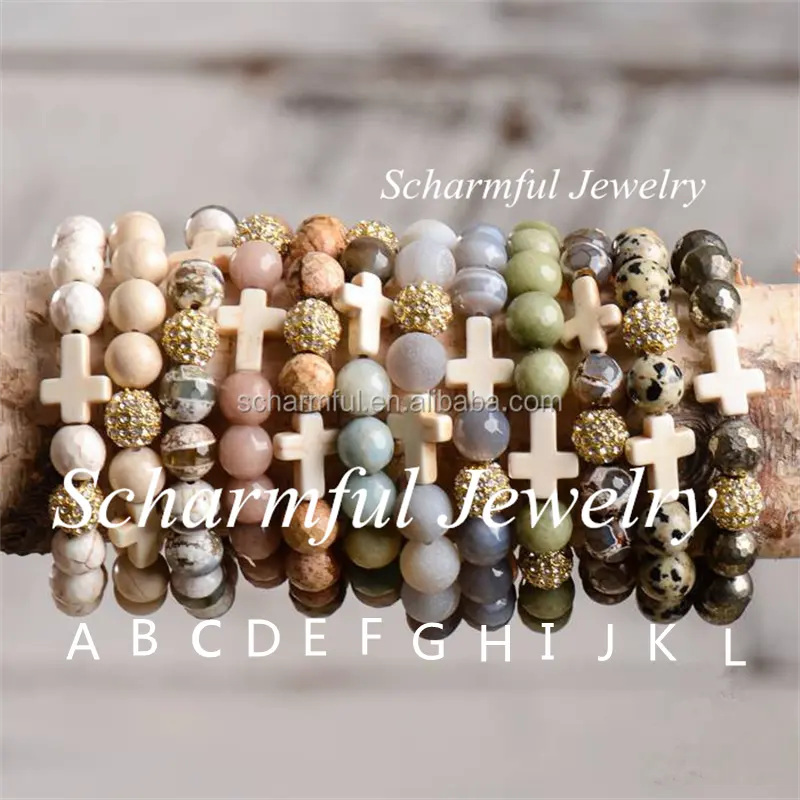 Csja — Bracelet Boho en pierres précieuses, perles extensibles, avec breloque croisée, Howlite, cristal, pavé, modèle SL581