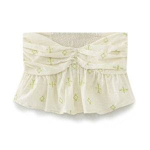 <span class=keywords><strong>Top</strong></span> court <span class=keywords><strong>sans</strong></span> bretelles en coton jaune à fleurs brodées, plissé et <span class=keywords><strong>smocké</strong></span>, décontracté et tendance pour l'été, pour femmes - Product Image 1