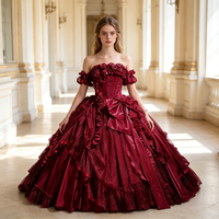 Gaun Pengantin Gothic Lolita Wanita Model Off Shoulder Motif Mawar, Gaun Merah Vintage Panjang Menyentuh Lantai untuk Pesta Prom