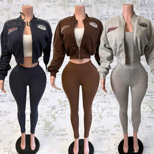 Conjunto de 2 Piezas de Moda para Mujer, Chaqueta Corta Ajustada con Cremallera y Bordado de Manga Larga y Pantalones, Chándal Informal - Product Image 3