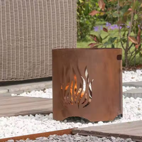 Brasero d'extérieur rond en acier Corten, à bois, avec découpe flamme, patine rouille, quatre pieds et poignée, pour patio