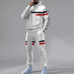 Men's <b>White</b> Hooded Tracksuit Set Full Sleeve Striped Casual <b>Joggers</b> With Side Pockets Breathable Autumn Wear - Product Image 1