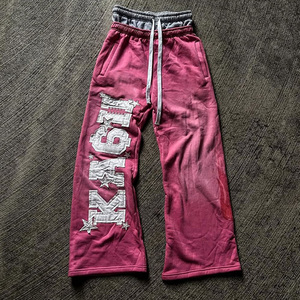 Özel üretici nakış yama ter pantolon Streetwear geniş bacak sıkıntılı asit yıkama çift bel <span class=keywords><strong>Sweatpants</strong></span> - Product Image 1
