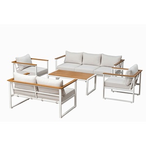 Moderno Conjunto de Sofás de Patio de 5 Piezas de Aluminio y Madera de Acacia con Cojines para Jardín, Resort, Hotel y Villa - Product Image 1