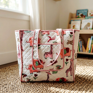 Safari Play Quilted <b>Foldable</b> Duffel <b>Bag</b> with Open Closure Cotton Fabric Little Explore Animal Print Handbag - Product Image 1