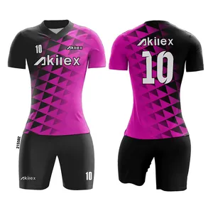 Akilex-uniformes de fútbol fluorescentes morados para mujer, conjunto de uniforme de fútbol de sublimación, ropa deportiva fina de alta calidad, venta al por mayor