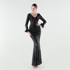 33850 #   Vestido de Noche de Manga Larga con Lentejuelas de Flores y Plumas de Avestruz, Estilo 2026 - Product Image 5