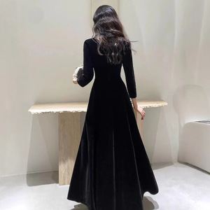 Black Velvet Evening Gown Square Collar A-Line Long Dress For Banquet Art Exam Toasting Parties - Product Image 4