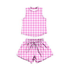 GSSO3476 Ensemble personnalisé pour fille, imprimé à carreaux cyan, tenue de yoga pour enfants, ensemble athlétique d'été à manches courtes pour filles, vente en gros - Product Image 5