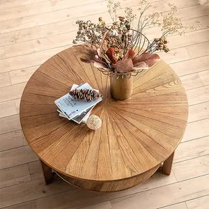 Table basse ronde en bois 2023, Table basse en bois naturel, Table basse ronde en bois massif à grand cercle pour le salon