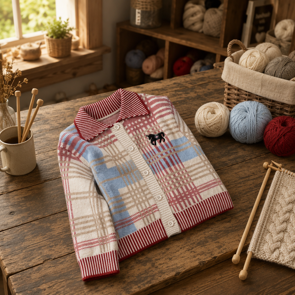 Button Factory Machine Girls Plaid Polo Collar Button Cardigan Windowpane Jacquard Horse ...